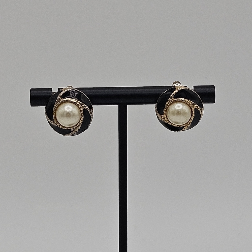 gold tone faux pearl earrings with black enamel